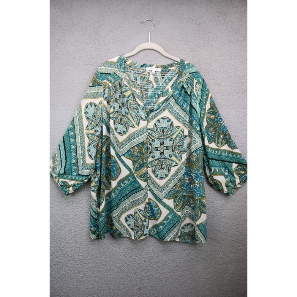 Rose & Olive 3/4 Balloon Sleeve Silky Button Up Smocked Tunic-2X-Paisley